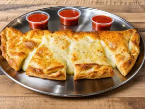 Baked calzone served with marinara sauce