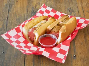 Meatball Parmigiana sandwich with marinara